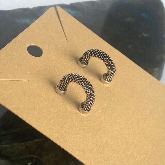 Oxidized Sterling Silver 925 Pap Twisted Braid Half Hoop Earrings 14K Gold Post - Picture 11 of 16